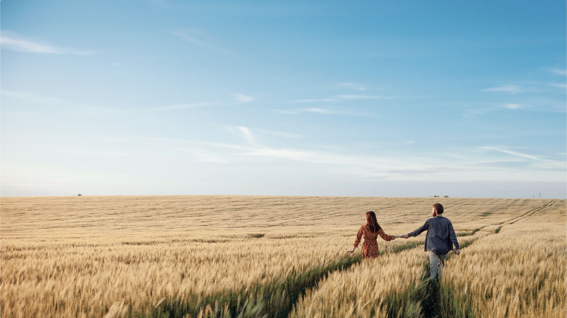 Paar läuft Hand in Hand in einem Kornfeld unter blauem Himmel